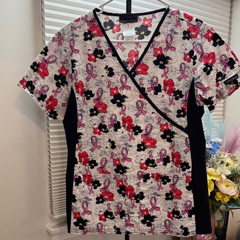 Cherokee Women's Pink and Black Floral Scrub Top